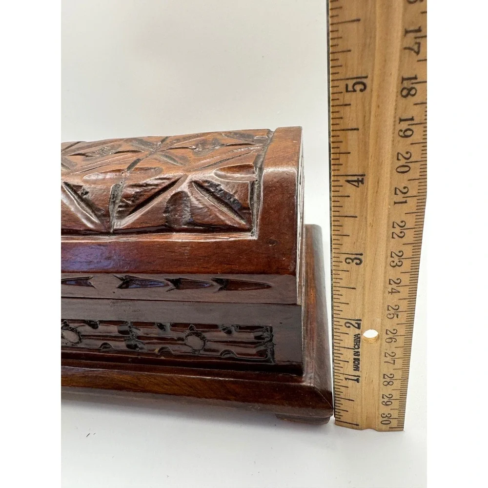 Hand Carved Wooden Jewelry Box Domed Lid Geometric‎ Trinket Keepsake Chest Brown
